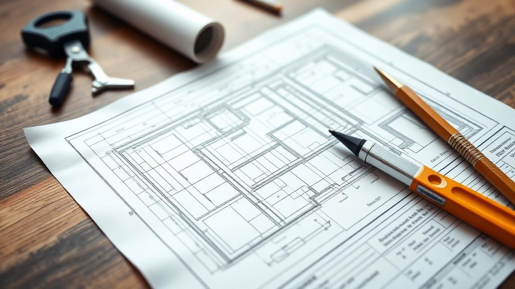 Construction blueprint with architectural tools representing the foundation of a business strategy