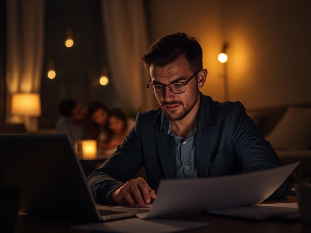 Entrepreneur working late while family photos are visible in background