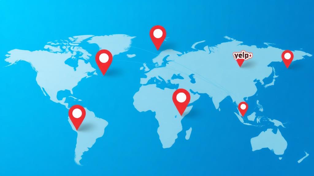 World map showing multiple business listing platforms connected by location pins