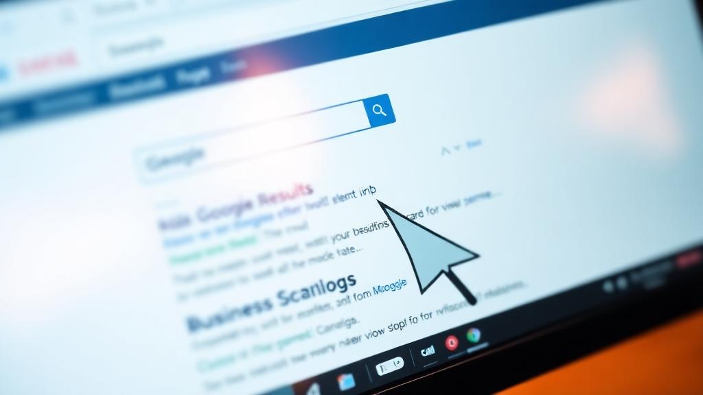 Computer screen showing search engine results with cursor about to click on a business listing