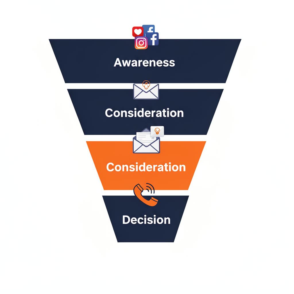 Customer journey funnel diagram showing Awareness, Consideration, and Decision stages with marketing strategies at each level