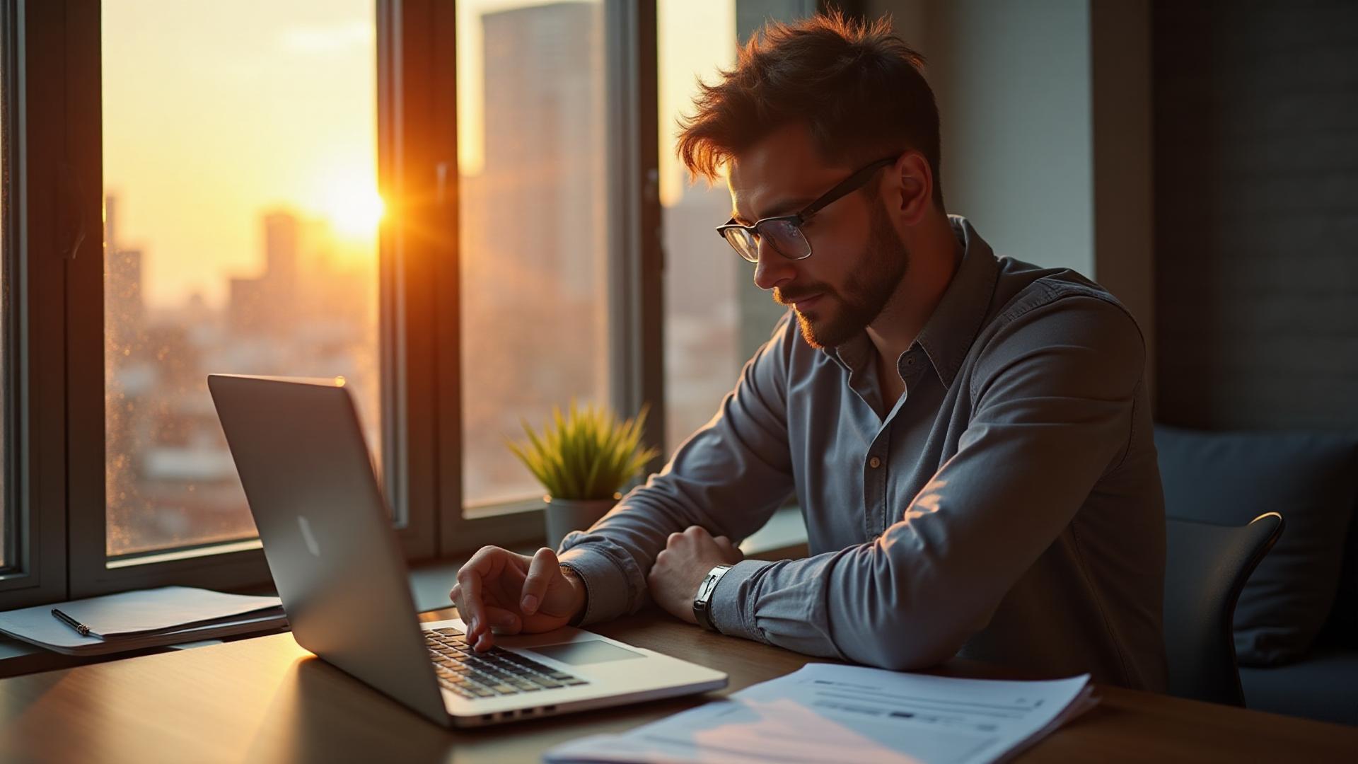 Determined entrepreneur working on business planning at sunrise