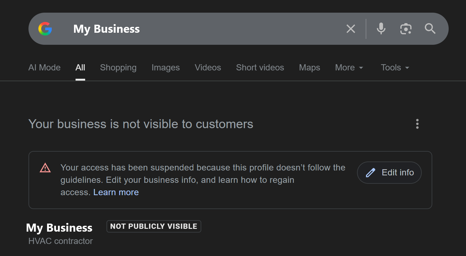 Google Business Profile suspended notification showing business not visible to customers