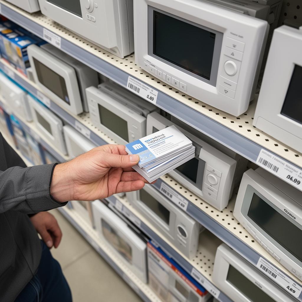 HVAC contractor placing business cards in the thermostat aisle at a home improvement store