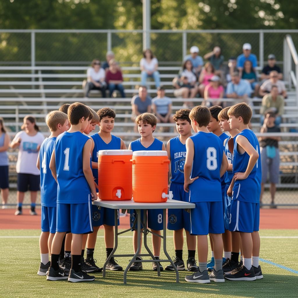 Youth basketball team gathered around a community cooling station at an outdoor summer game