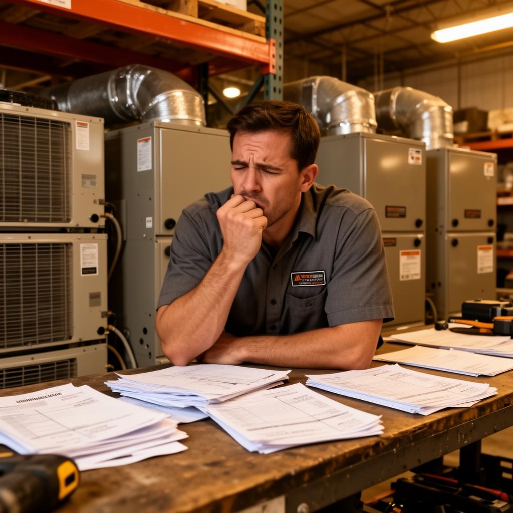 HVAC contractor reviewing invoices, illustrating the financial pressure of rising equipment costs