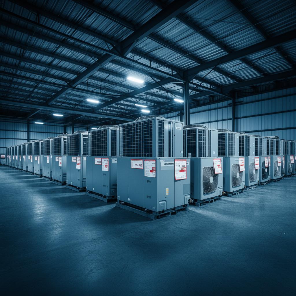 Rows of HVAC equipment units in a warehouse showing the scale of the equipment market controlled by the Big Seven manufacturers