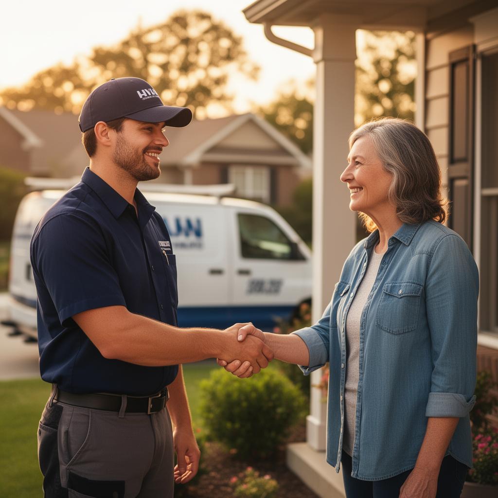 Independent HVAC contractor shaking hands with a homeowner on a suburban front porch at golden hour