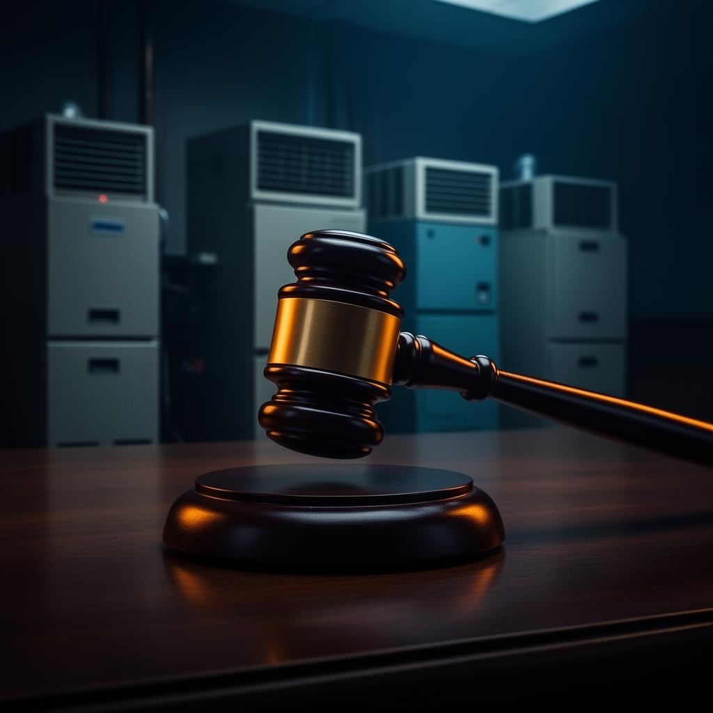 Courtroom gavel with HVAC equipment in the background representing the federal price-fixing lawsuit against major manufacturers