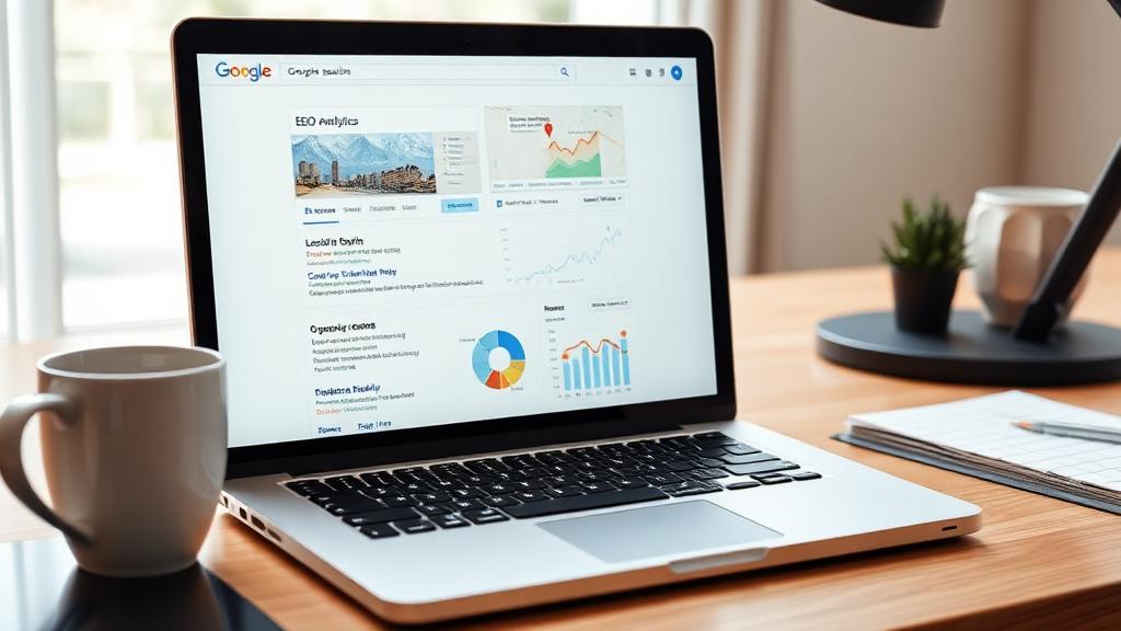 Laptop showing Google local search results and SEO analytics dashboard with growth charts
