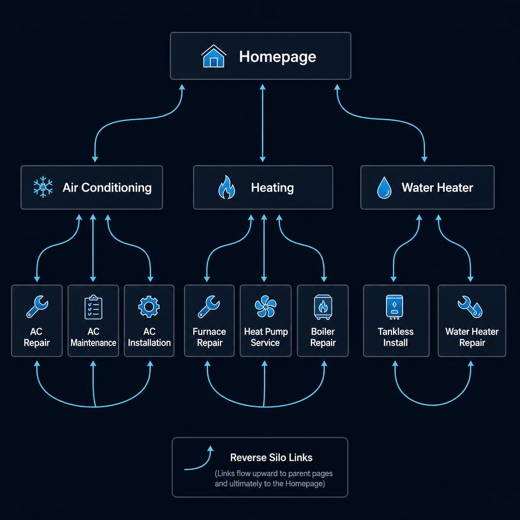 Silo content architecture diagram showing the Homepage branching into multiple category silos (Air Conditioning, Heating, Water Heater), each silo branching into individual service pages, with reverse silo internal links flowing back up to connect every level