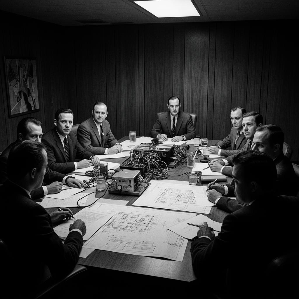 1960s corporate boardroom meeting depicting the kind of secret price-fixing conspiracy between electrical equipment manufacturers