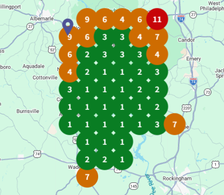 Local search geo-grid ranking report for a service area business in North Carolina showing top-three positions across the service radius