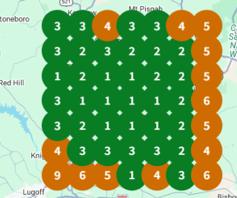 Local search geo-grid ranking report for a service area business in South Carolina showing #1 positions inside the service area