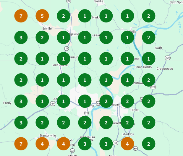 Local search geo-grid ranking report for a service area business in Tennessee showing dominant map pack coverage