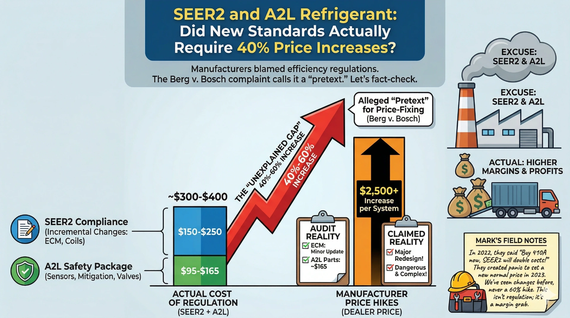 HVAC industry analysis infographic showing SEER2 and A2L refrigerant actual compliance costs of $300-$400 versus manufacturer price hikes of $2,500+ per system - illustrating the unexplained gap between regulation costs and dealer price increases