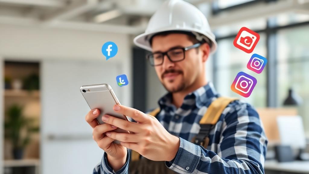 Trades professional actively using social media on smartphone with Facebook and Instagram icons