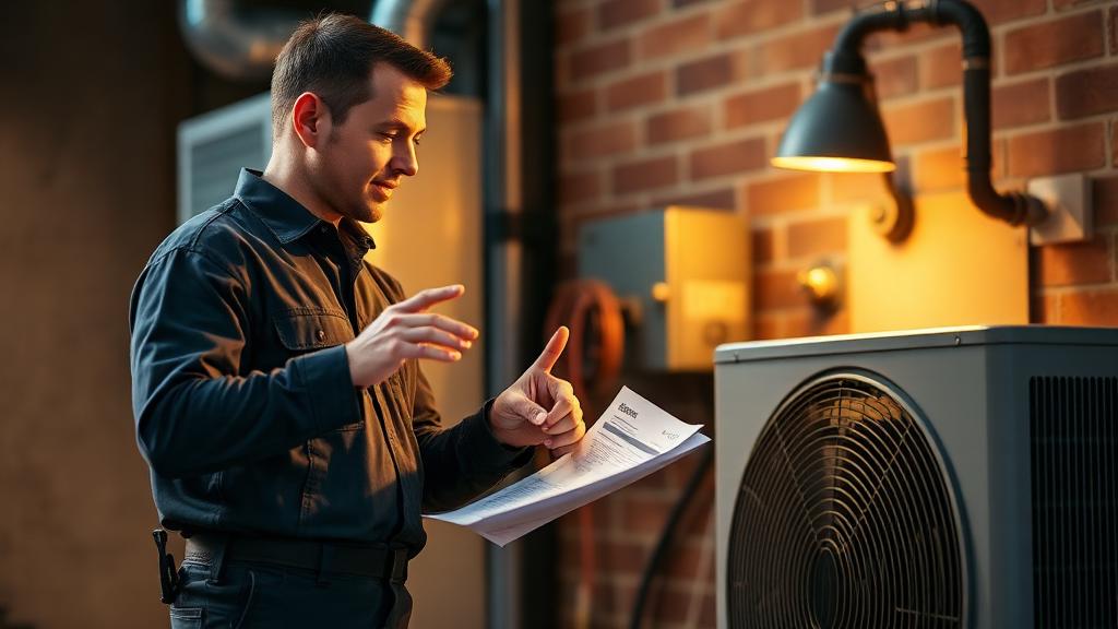 Service technician explaining work to a customer while holding paperwork
