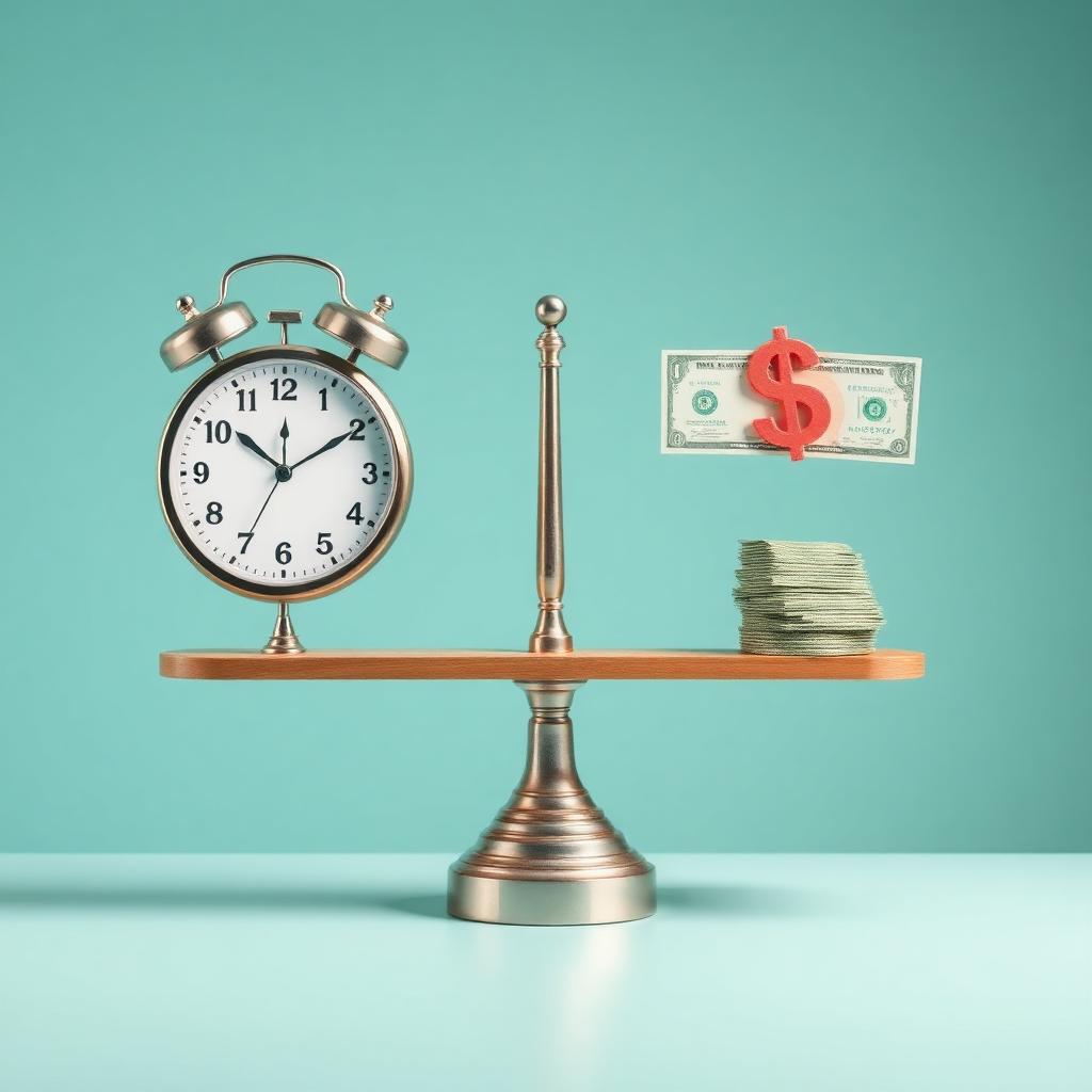 Balance scale showing time versus money in business decisions